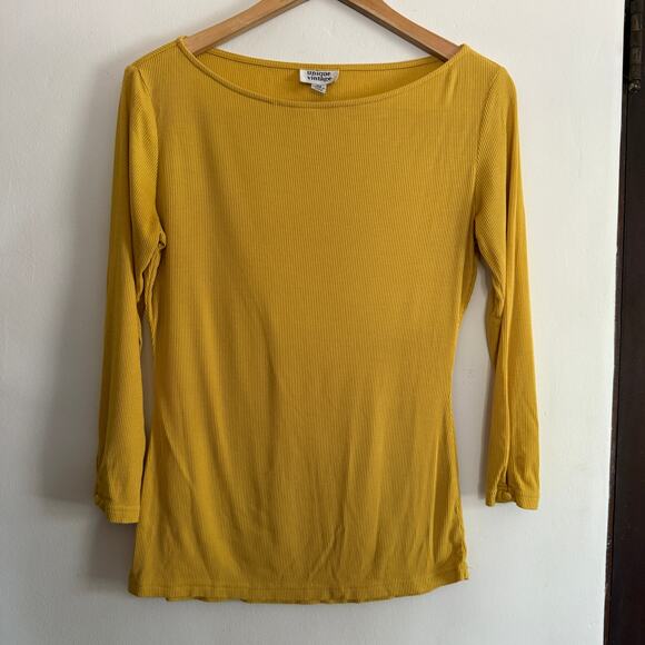 UNIQUE VINTAGE | Mustard Yellow Ribbed Boat Neck 3/4 Sleeve Shirt | Medium - Picture 1 of 5